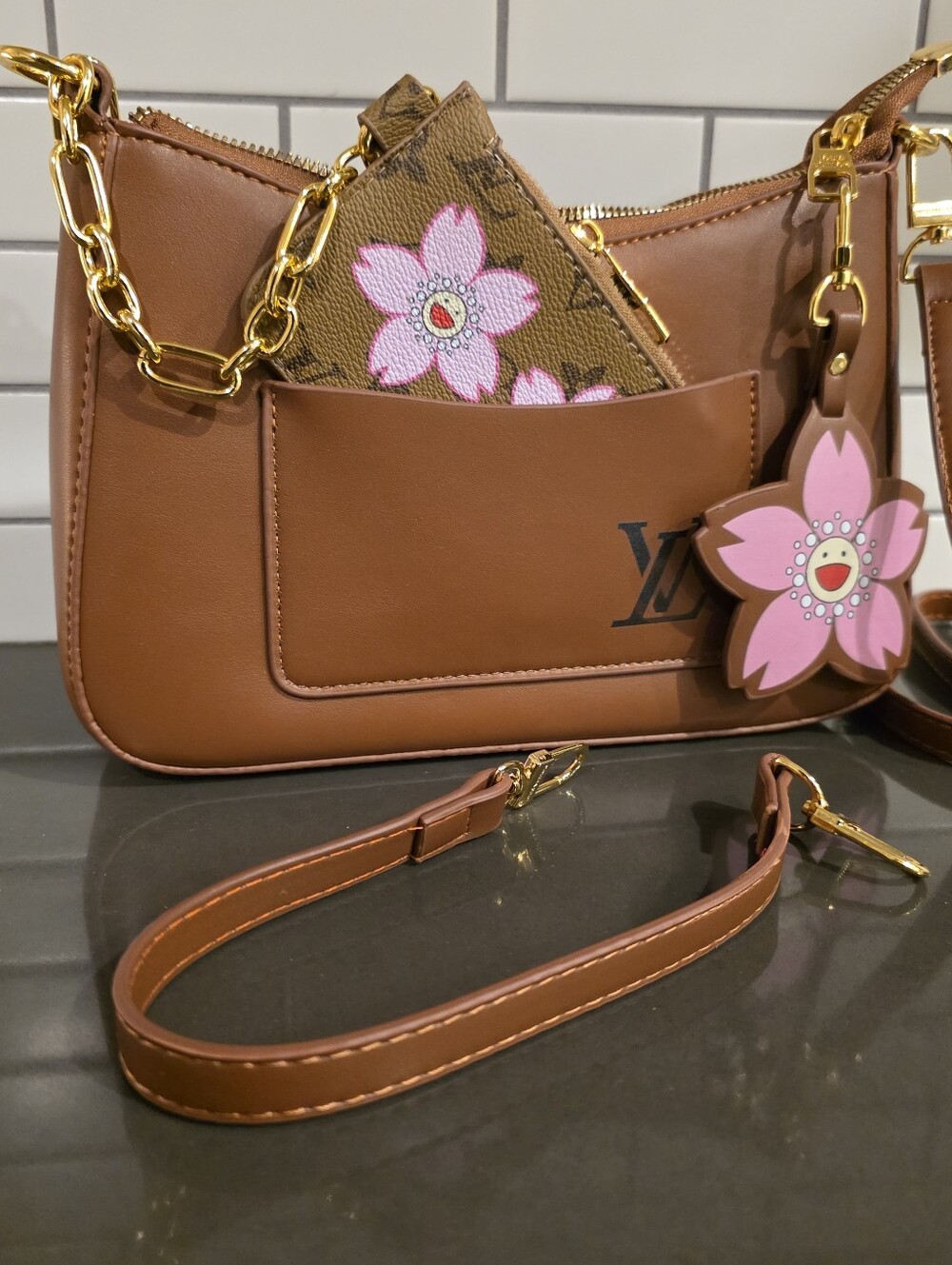Brown Shoulder Bag with Pink Flower Charm - Picture 3 of 5